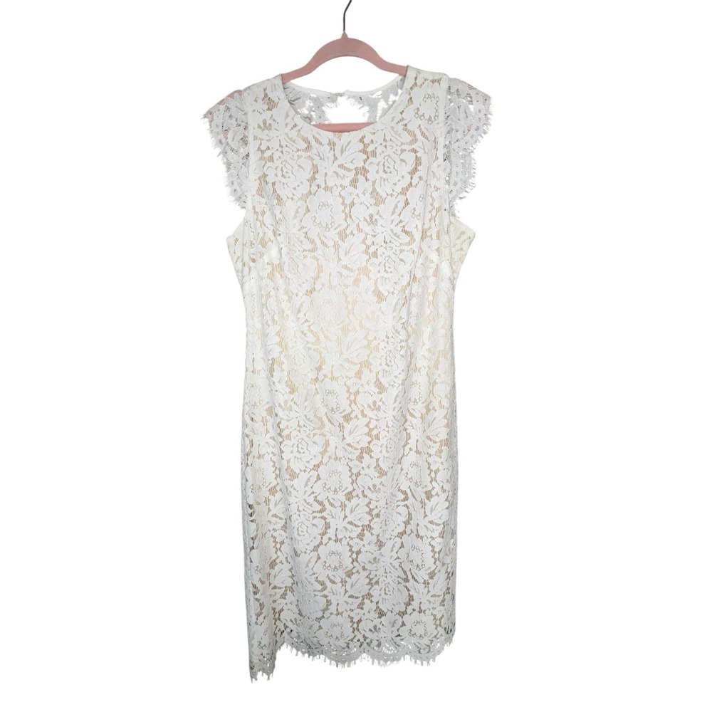 Vince Camuto Elegant Ivy White Floral Lace Lined Dress Cap Sleeve Back Cutout 10